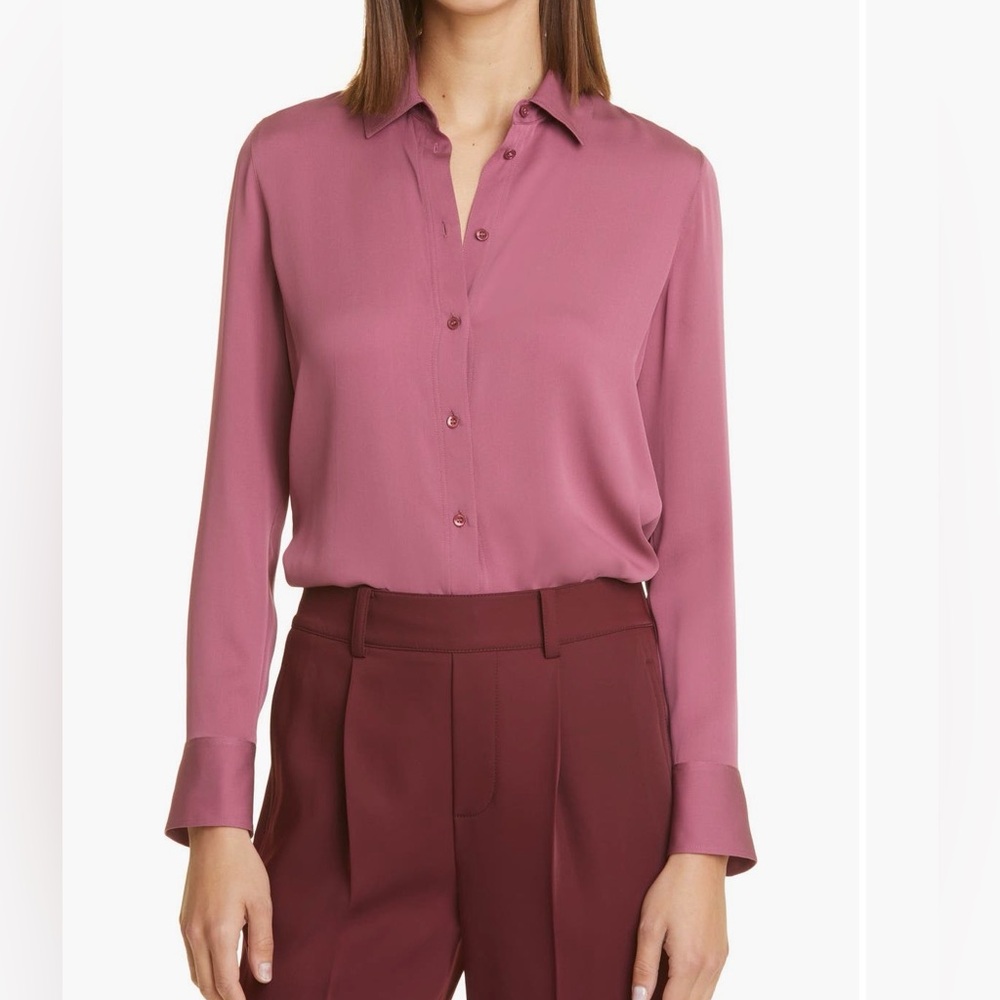 Vince Slim Fit Stretch Button Down Silk Shirt Tea Berry Pink